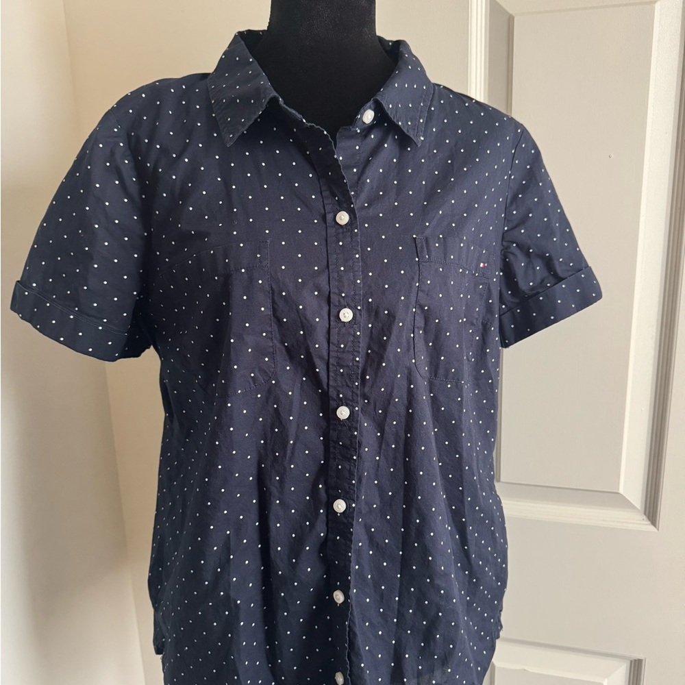 Tommy Hilfiger Women’s Black White Polka Dot Button-Down Collared Shirt L/G